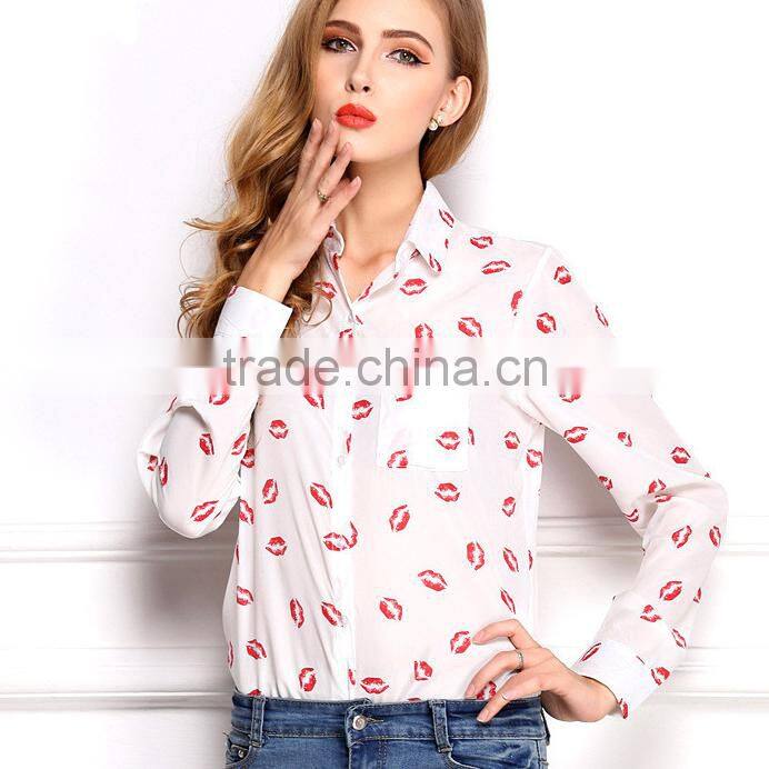 Hot New Design Cute Red Lips Prints Elegant Chiffon Blouse and Tops