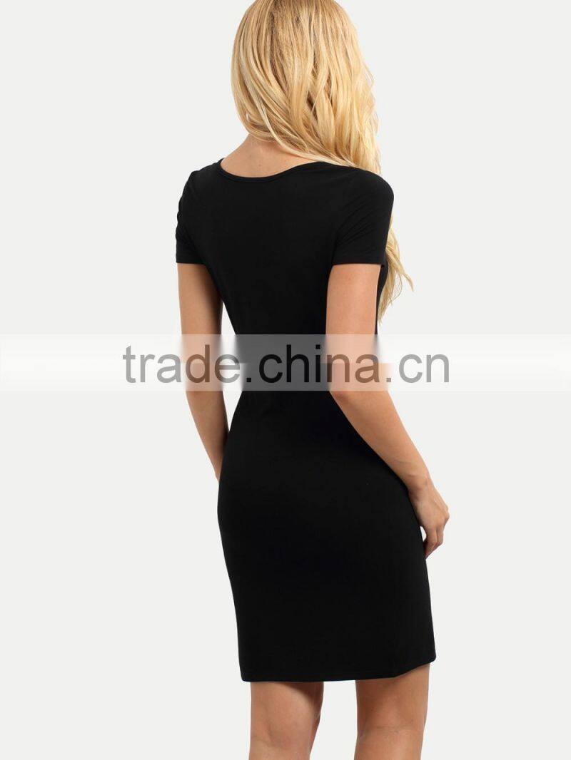 Rayon Black Short Sleeve Split Side Sheath Dress Polyester Spandex Plain Casual Short Dress