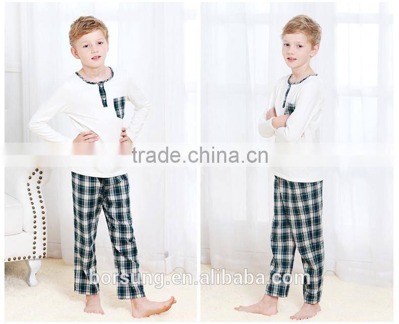 Small MOQ Cotton Boys Cute Pajama Set Knitted Long Sleeve Gingham Pant Children Sleepwear Printed Wicking Kids Weat Set