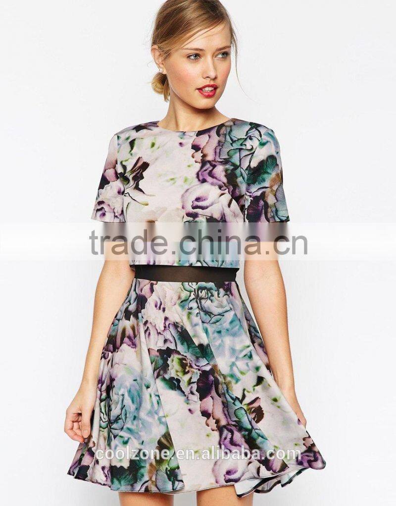Top quality skater design all over print floral dress 2015