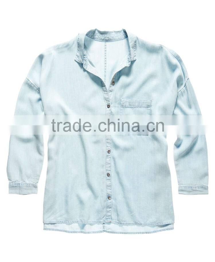 2017 China Manufacturer Shandao High Fashion New Casual Autumn Design Long Sleeve Button Opening Loose Blue Viscose Blouse