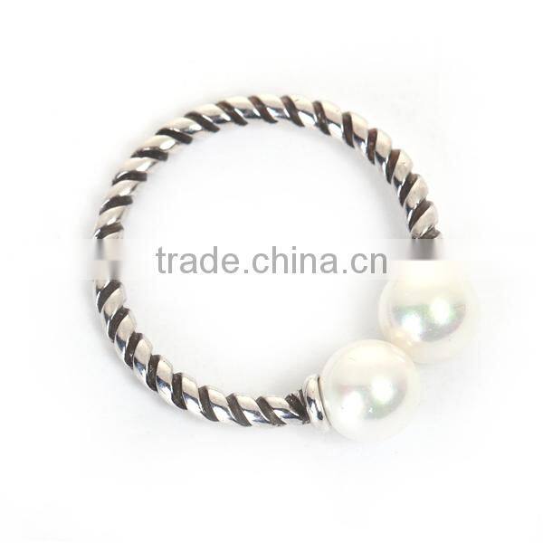 White Copper Cable Twisted Open Rings Antique Silver White Acrylic Imitation Pearl Spiral