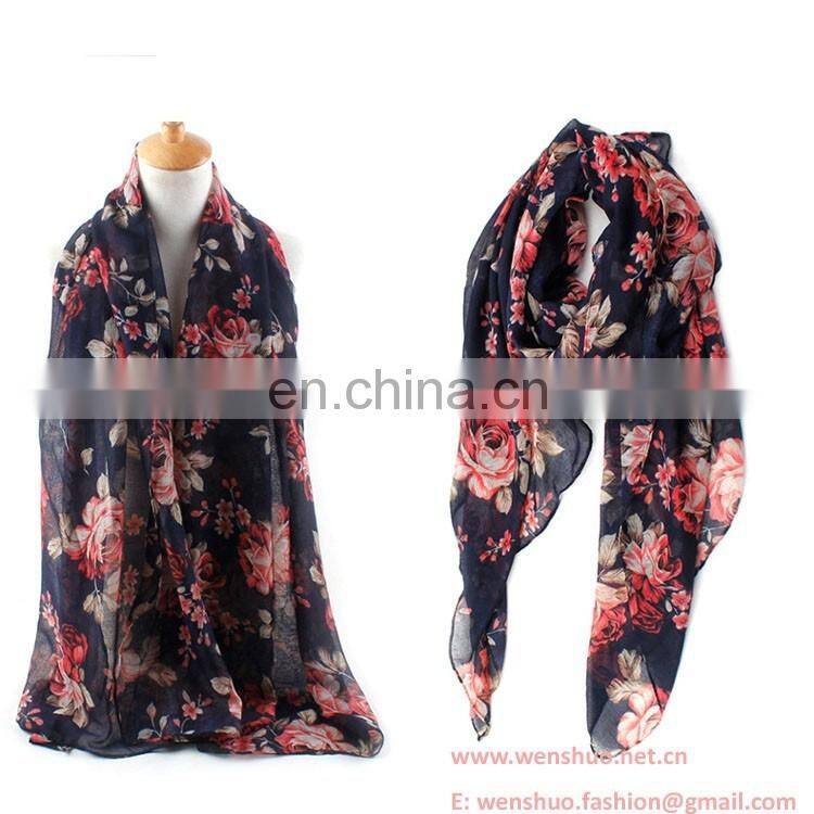 2016 New Chinese Rose Printed Fashionable Viscose Scarf With Sunblock