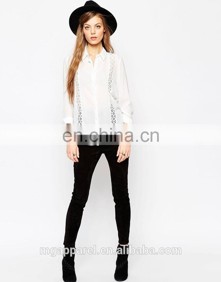 Latest fashion blouse design woven fabric long sleeve lady white lace blouse