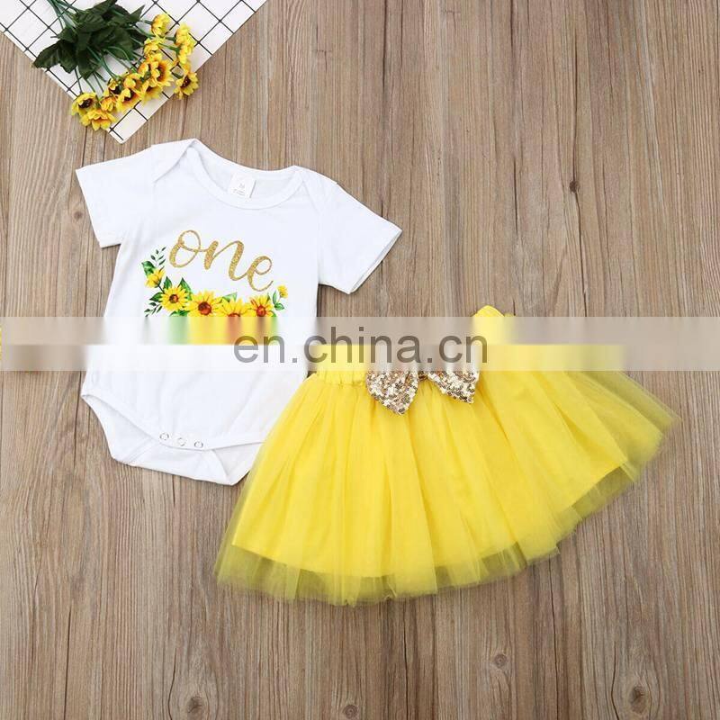 New Summer Toddler Baby Girl Sunflower one letter print Romper & kids Tutu Skirts Set Outfits 0-2years