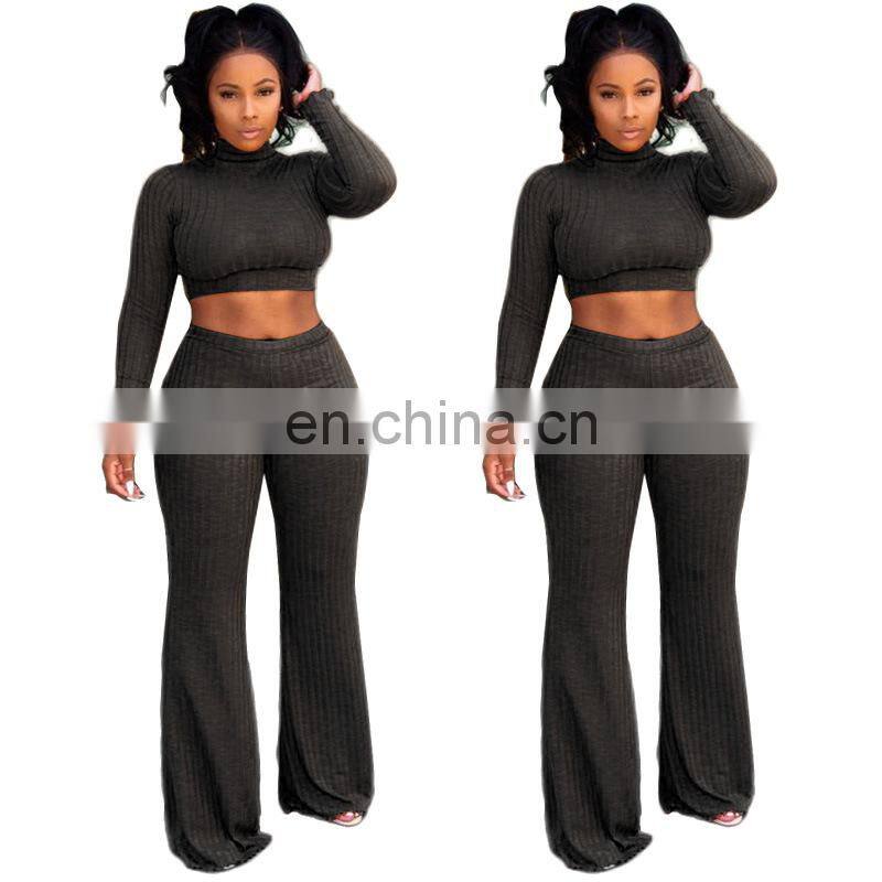 Spring and summer new sexy casual suit women solid color round neck long-sleeved wide-leg pants suit manufacturers wholesale
