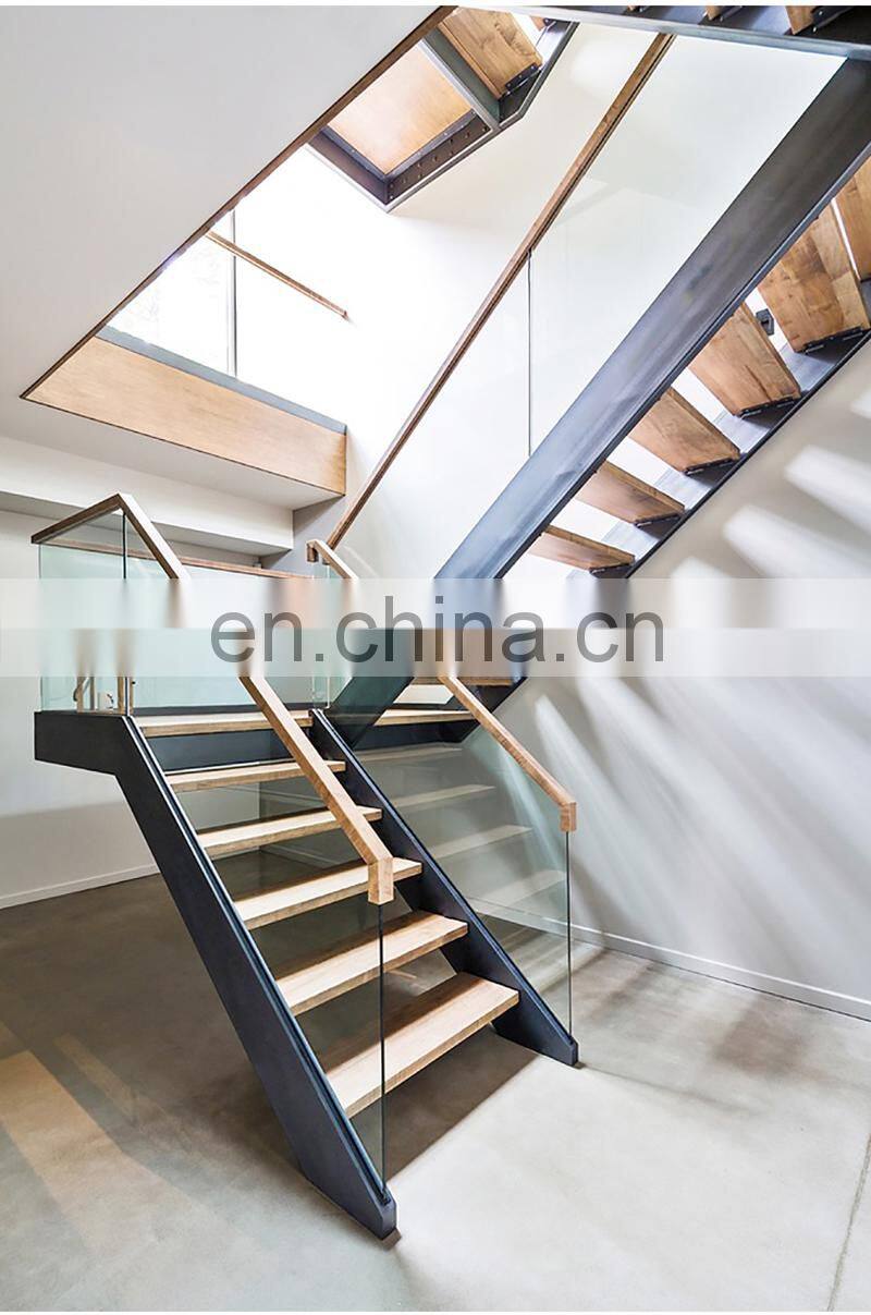 U shaped staircase metal frame glass railing double steel stringer stair