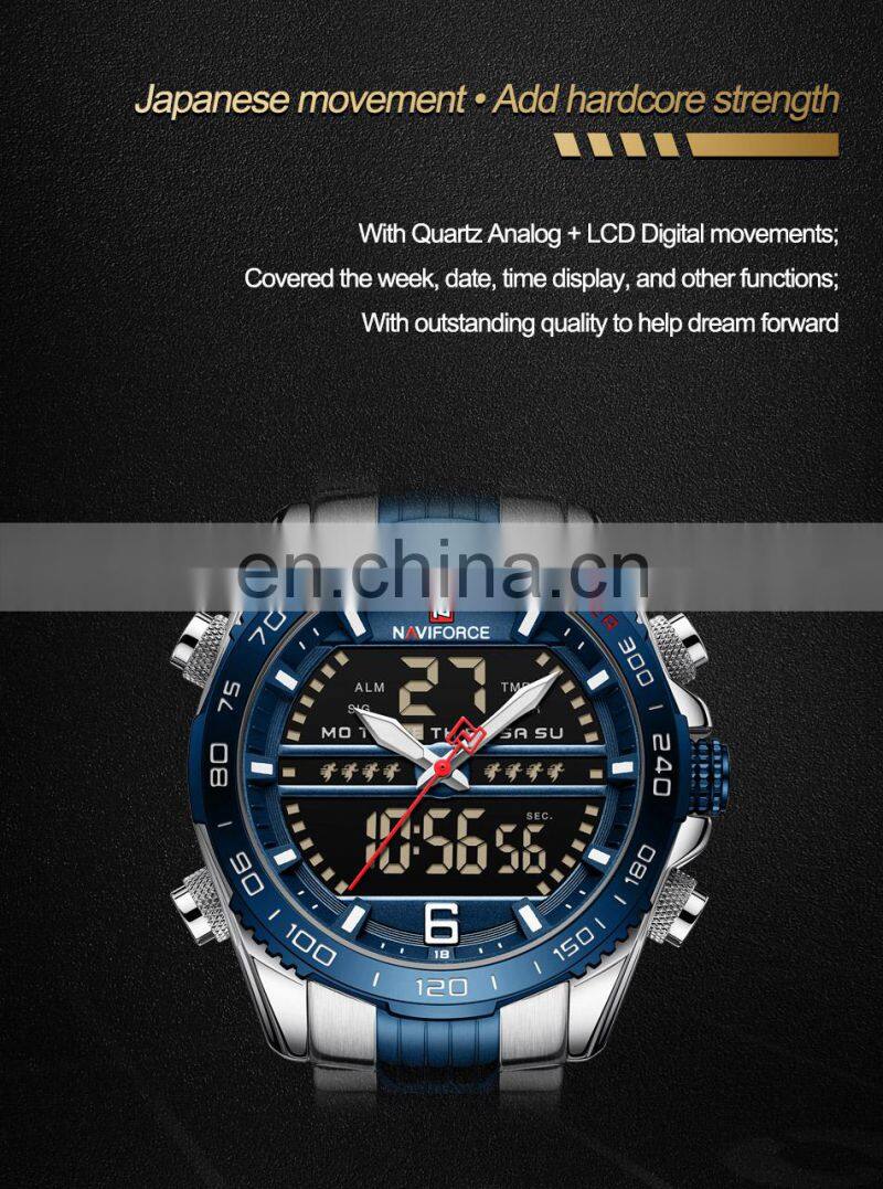 NAVIFORCE 9195 Luxury Brand Digital Sport Watch Men Steel Band Waterproof Chronograph Alarm Clock Luminous Quartz Wristwatch