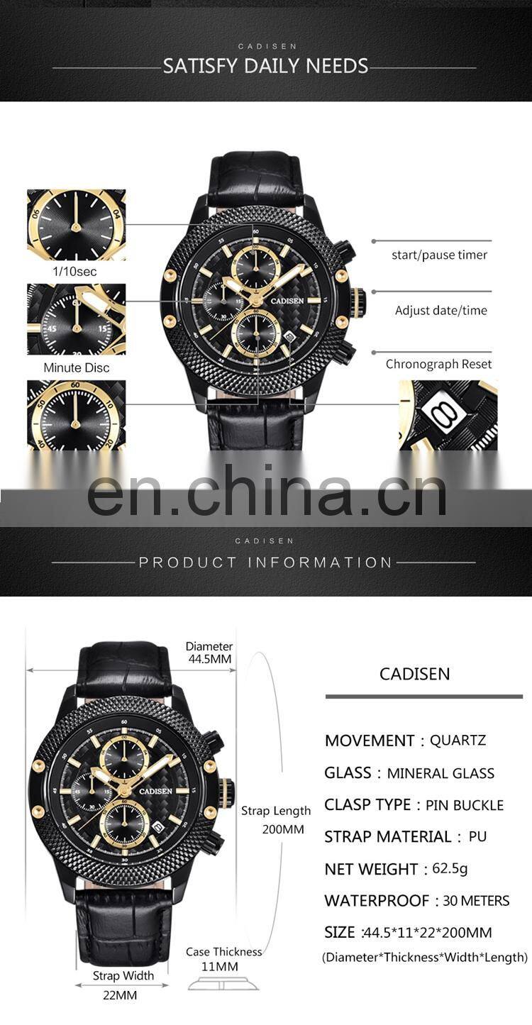 CADISEN C9062 Men sport casual analog quartz leather steel mesh strap week day high quality luxury watch