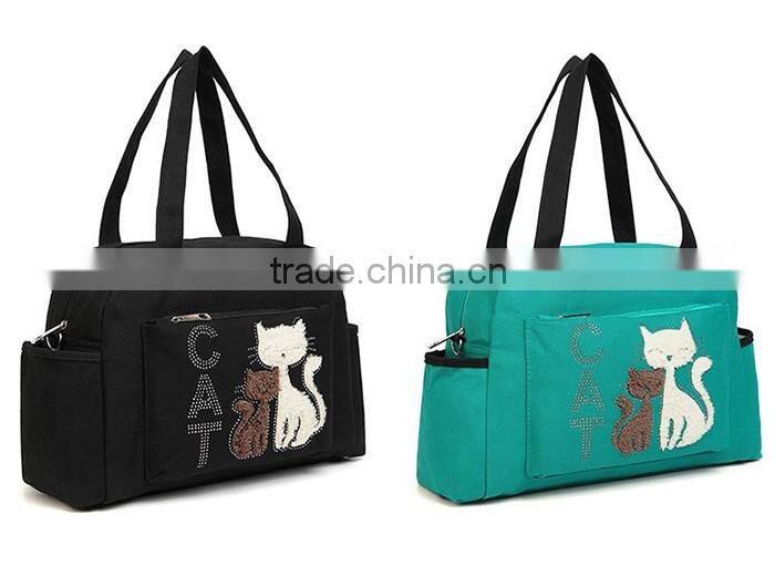 2016 Women Handbags Solid Color Canvas Bag Fashion Ladies Shoulder Bag With Cute Cat Appliques Portable Big Capacity Casual Tote