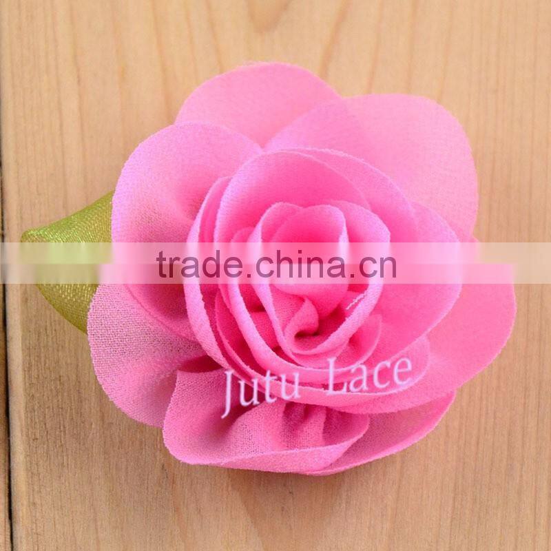 Francy Baby Kids Hair Accessories 30Colors Mini 6cm Craft Chiffon Fabric Flower with Leaf -handmade artificial decorative flower