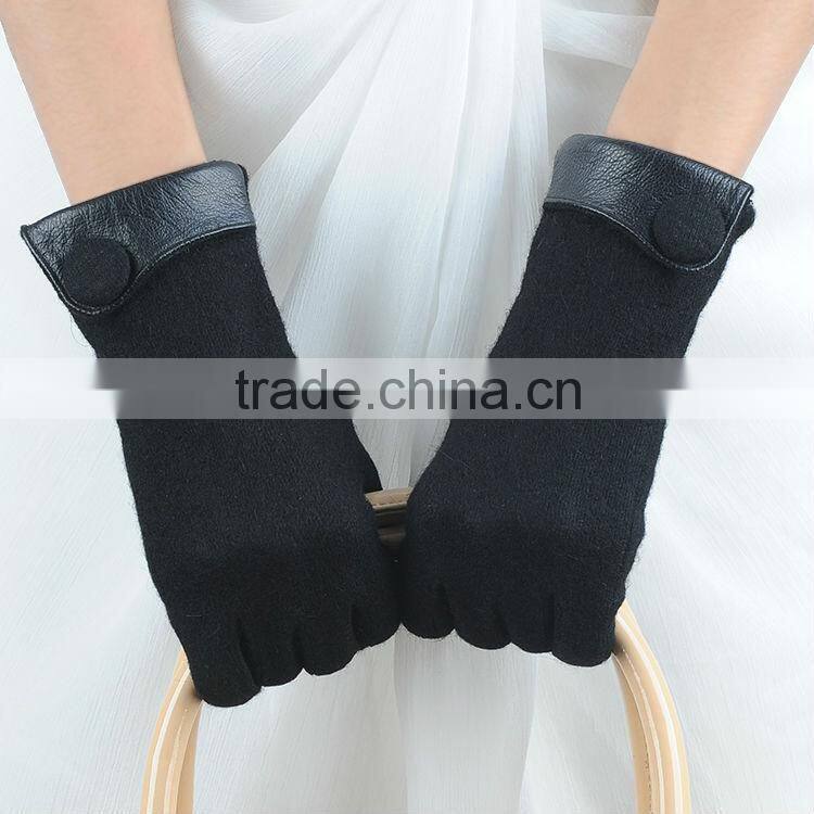 womens unlined classical button woolen gloves with leather cuff