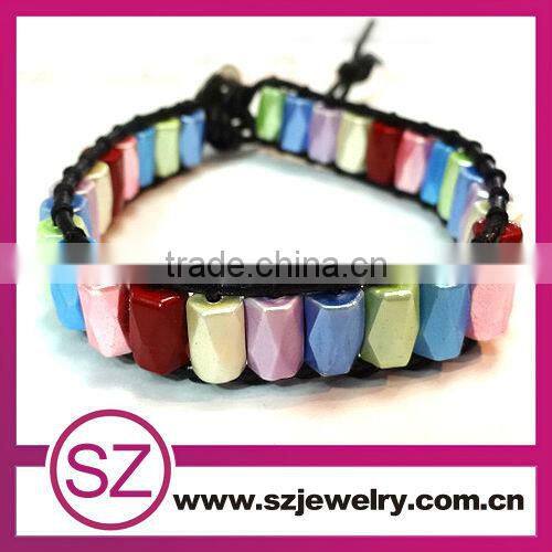 Bulk blue cheap braided wide leather bracelet with gemstone stone