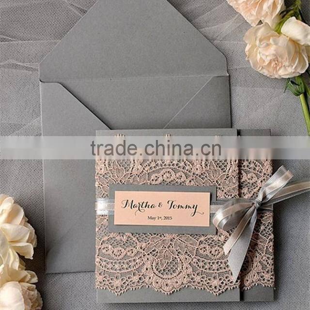 Hot sale rustic white wedding invitations with peach laces&white ribbons&label papers