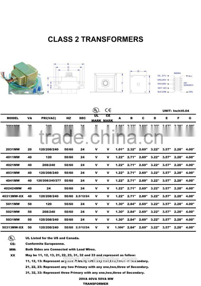 UL cul approved 5VA 24V control transformer class 2 , with 2-year product warranty and life insurance liability