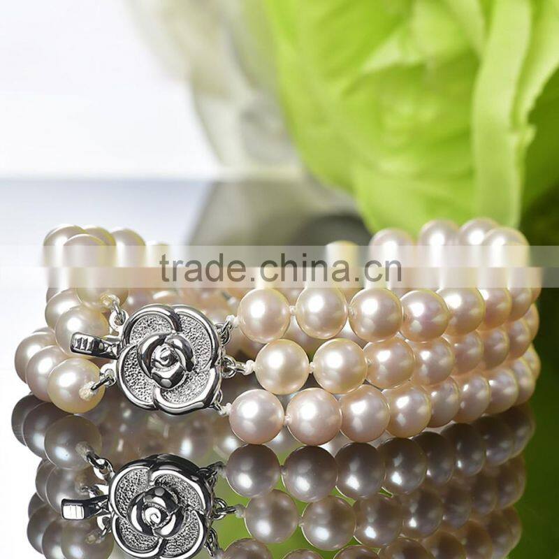 pearl jewelry fresh water pearl three layer bracelet white color near round shape aaa quality