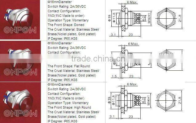 ONPOW pushbutton switch(GQ16 series,16mm,CE,ROHS,REACH,IP65,Anti-vandal,stainless steel)