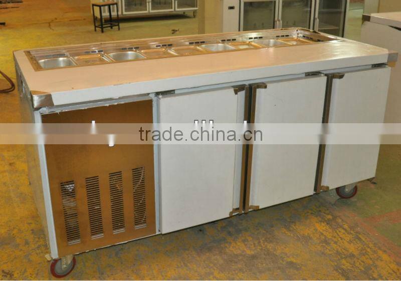 Marble top pizza preparation counter chiller and salad bar fridge