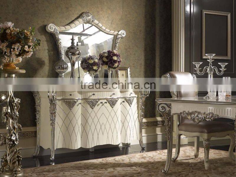 Louis XVI Style Neoclassical Buffet Table Set, White Ornate Buffet and Mirror Set with Tidy Line