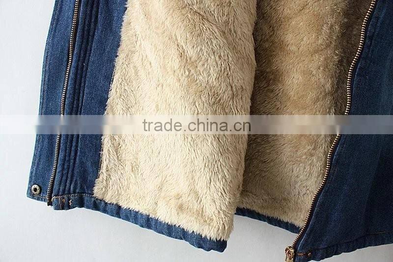Korea style thicken denim coat long winter add wool clothes