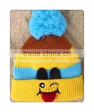 whole sale striated warm hat with happy face and top ball ,winter colorful caps