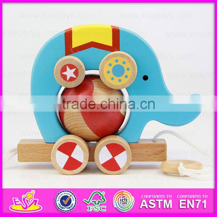 Top grade hot sale wooden toy pull cart for kids,Elephant design wooden string cart pull back toy car W05B075-A2