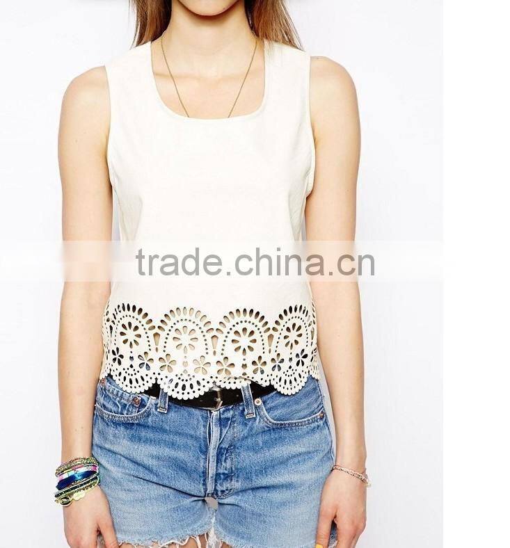 Fashion Sleeveless Tropical Roupas Blusas Femininas 2015 Summer Plum Flower Laser Cutting Chiffon Ladies Blouse Women Tops