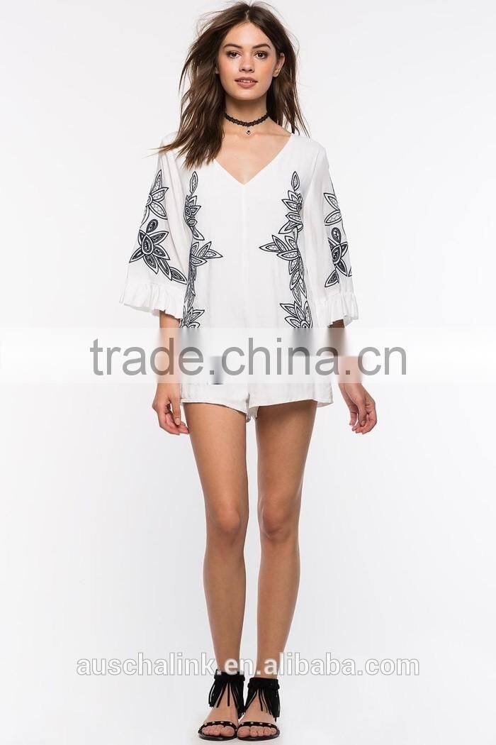 new style girls white bold embroidered floral cheap romper