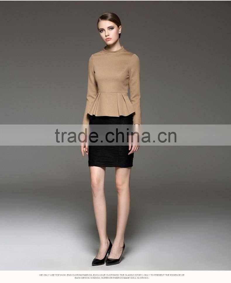 Autumn Season Ladies Fashion Long Sleeve Ruffled Stand Collar Blouse