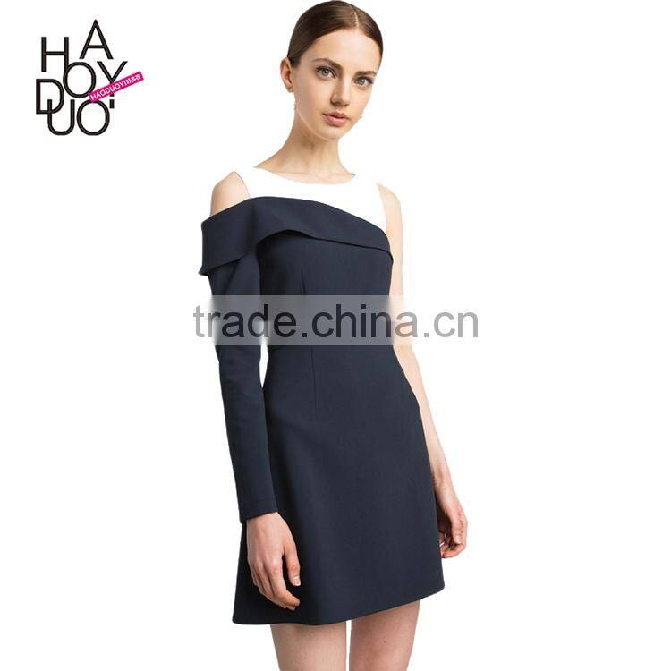 HAODUOYI Contrast Colour Fake Two-Piece Style Women Dress Side-buttoned O-neck One Sleeve Lady A-line for Wholesale