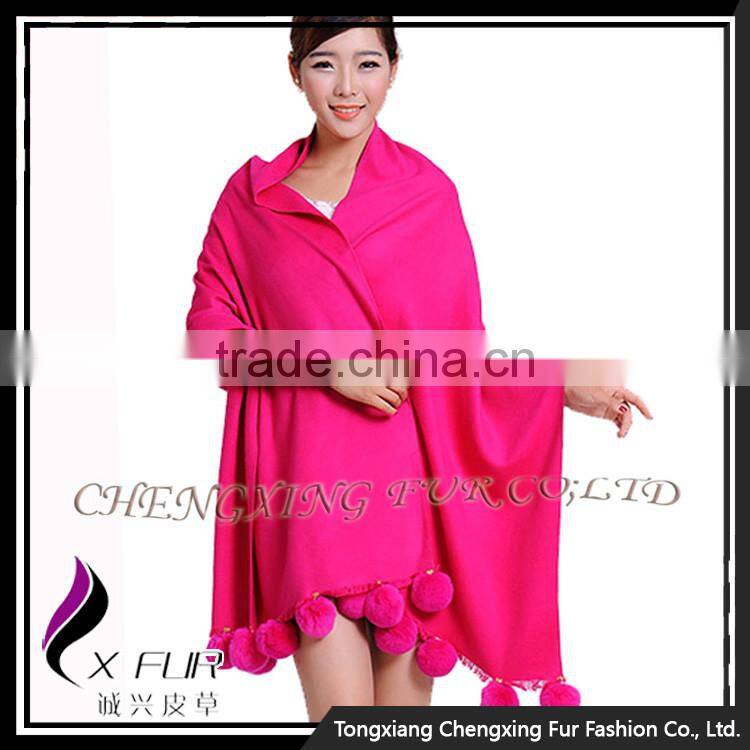 CX-B-P-42A Rabbit Fur Pom Pom Decoration Women Pashmina Scarf
