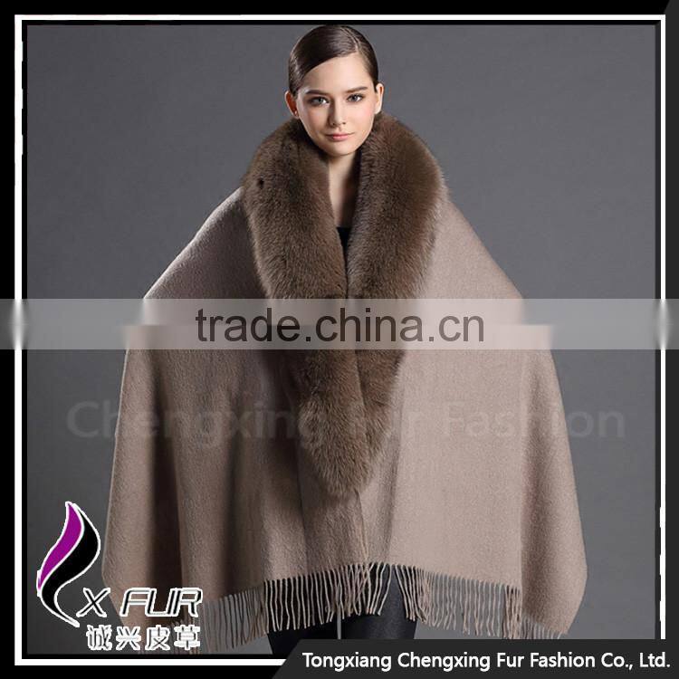 CX-B-P-18E New Style Fox Fur Trim Black Shawl