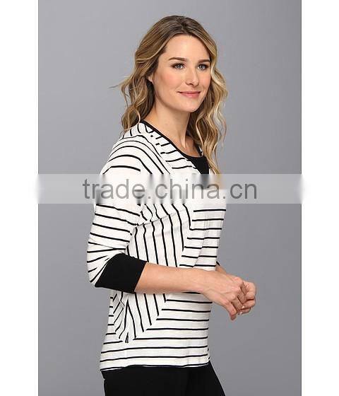 women white black stripe fleece scoop neckline with sweater-stitch at front three-quarter length dolman sleeves sweater fleece