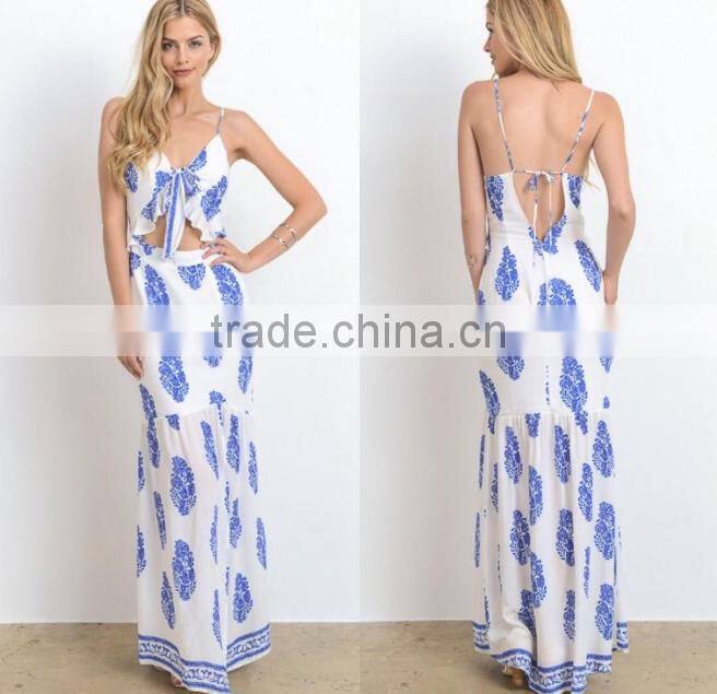 high quality summer elegant woman sexy long dress blue printing long dress chiffon new style 2017