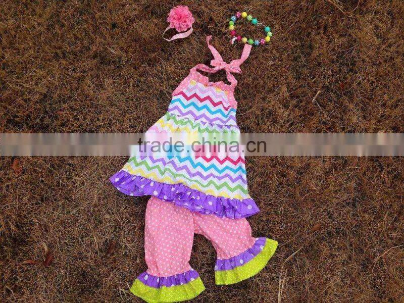 2015 new easter chevron pant set outfits with matching necklace and headband