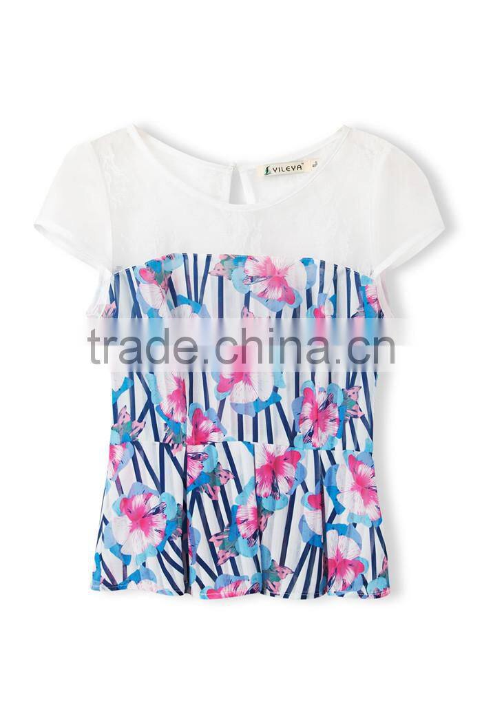 sexy cute colorful floral pattern printed latest summer fashion blouses shirts, patterns of summer blouses,korean summer blouses