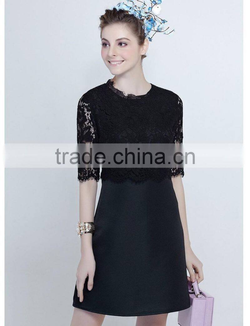 Fashion solid color round neck black,white lace spring dress