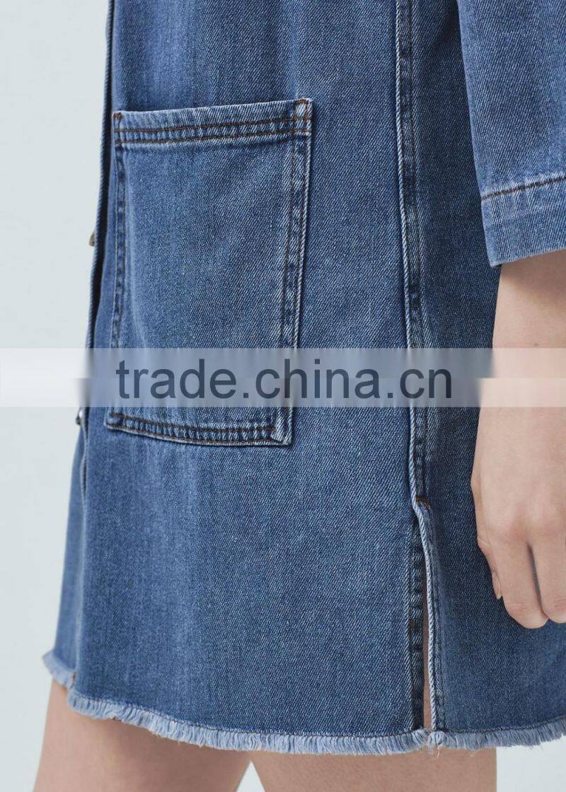 Girls button-up raw hem casual loose long sleeve denim jeans dress