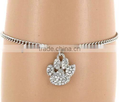 8" long/metal chain/purple crystal/0.75" paw print/lobster claw closure/petite bracelet