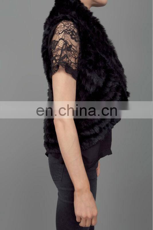 dyed black color rabbit fur knitting vest /with lace around shoulders