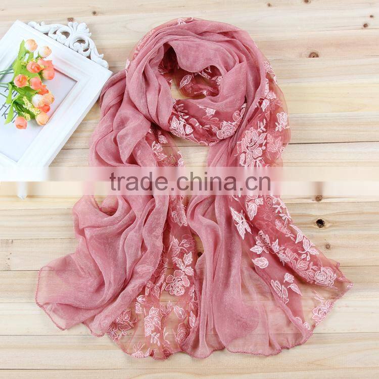 Korea Lady Fashion Flower Embroidery Double Layered Lace Chiffon Scarf