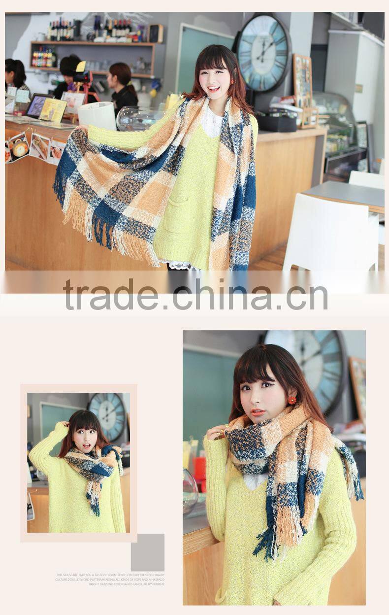 Wholesale New Winter Lady Fashion Tassel Loop Yarn Plaid Blanket Scarf
