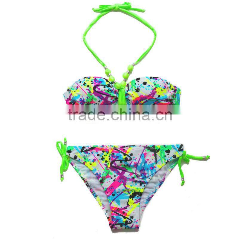 RELLECIGA Bandeau Bikini Series - Doodle Print 1/2 Cup Bandeau Top Girls Swimwear Bikini Neon Green Ties at Neck and Pearlish De