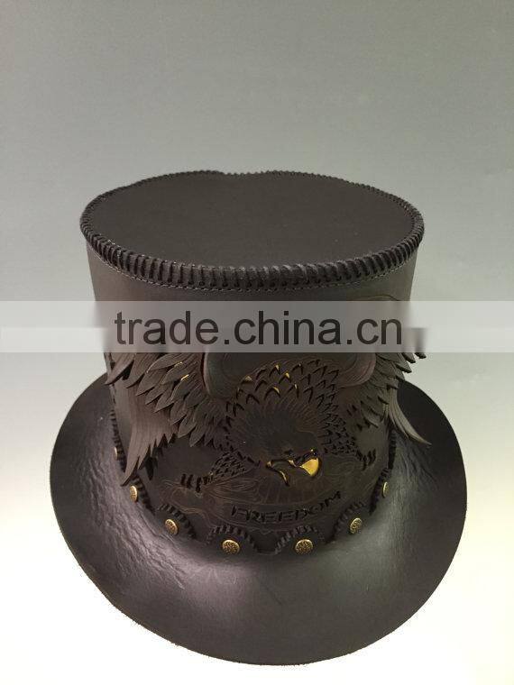 Black leather Victorian Corset style / Steampunk / Gothic / Emo style Top Hat w. solid metal bat badge