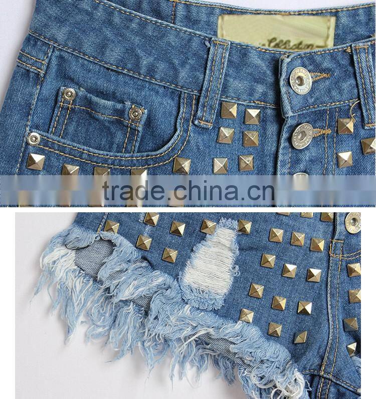 2016 Summer Women High Waist Hot Pants Ladies Decorated Metal Rivet Tassel Fringe Sexy Mini Ripped New Style Fashion Girls Jeans