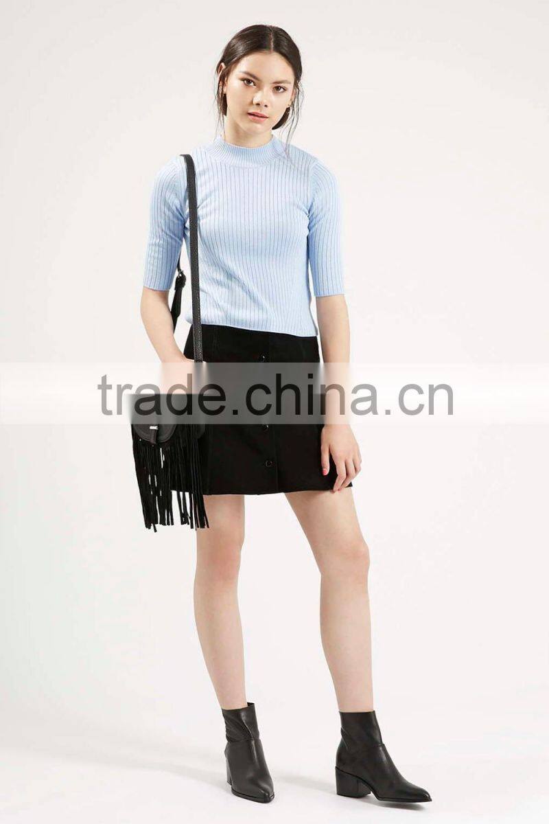 women crop knit clothes slim-fit sweater Ribbed Funnel Neck knit or crochet clothing