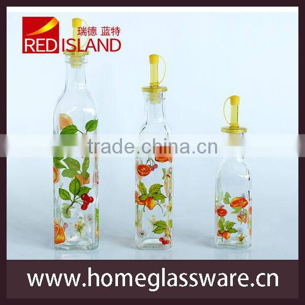 glass olive oil bottle with decal, vinegar bottle, glass bottle