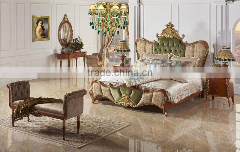 Luxury Gold Painting Royal Bed With Night Stand, Antique Solid Wood Carved Bedroom Set, Palace Design Wood Bedroom Furniture Set