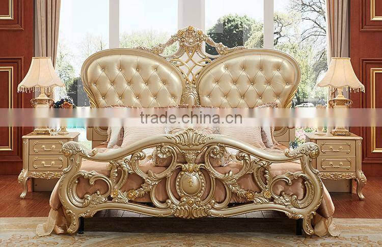 Solid wood champagne gold carving double bed with leather headboard