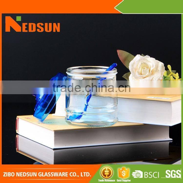 2017 wholesale 355ml Hot-sale glass jar with wooden lid and spoon best products for import